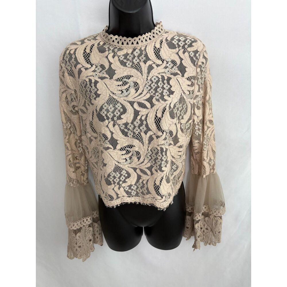 Mind Code Taupe Beige Lace Crop Blouse Victorian Coquette Bell Sleeves Size L
